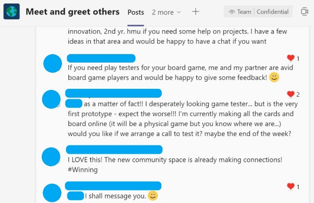 MS Teams chat where people are talking about game testing and tagging each other. Someone is offering to be a game tester and someone is commenting that the space is already making connections.