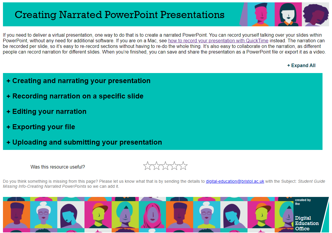 Creating Narrated PowerPoint Presentations Web guide Screenshot. Includes sections on creating and narrating, narrating on a specific slide, editing your narration, exporting, uploading and submitting.