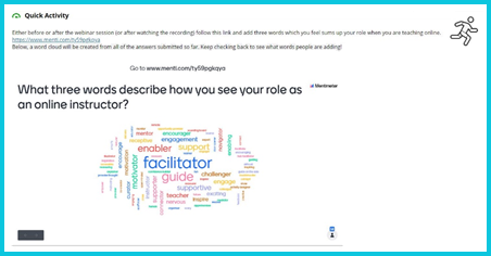 Mentimeter Word Cloud activity embedded in Blackboard with the question What three words describe how you see your role as an online instructor? The responses form a word cloud, with the larger words including facilitator, guide, enabler.