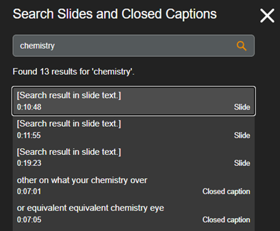 Screenshot of Replay player's search function. The search bar is at the top, with both slide text and caption results displayed below with timestamps. 