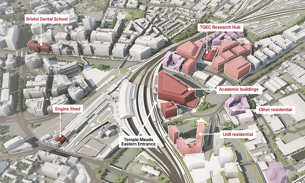 An architect's drawing of the aerial view of the Temple Quarter Enterprise Campus. The main academic building is highlighted in red in the middle, with the Dental School to the North West of the main site, the TQEC Research Hub over the road to the North, UoB residental to the South and Engine Shed to the West. Temple Meads Eastern Entrance and other residential buildings are also marked.