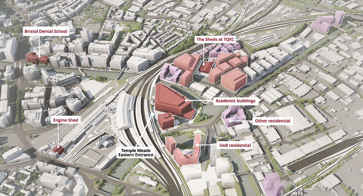 An architect's drawing of the aerial view of the Temple Quarter Enterprise Campus. The main academic building is highlighted in red in the middle, with the Dental School to the North West of the main site, the TQEC Research Hub over the road to the North, UoB residental to the South and Engine Shed to the West. Temple Meads Eastern Entrance and other residential buildings are also marked.