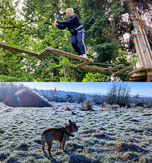 Person climbing rope and dog on hill