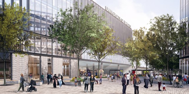 Artist impression of the proposed public space between some of the new buildings. Groups of people of differing ages walk and chat amid plenty of seating areas planted up with trees and shrubs.
